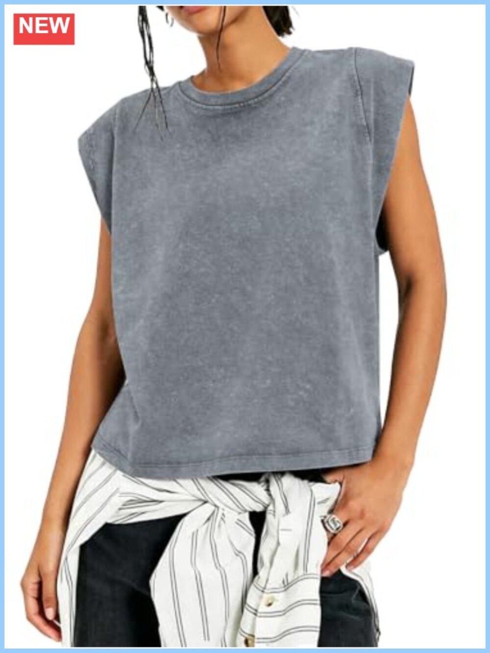 Womens Cotton Acid Wash Cap Sleeve Boxy Top Oversized Crew Neck Vintage Grunge